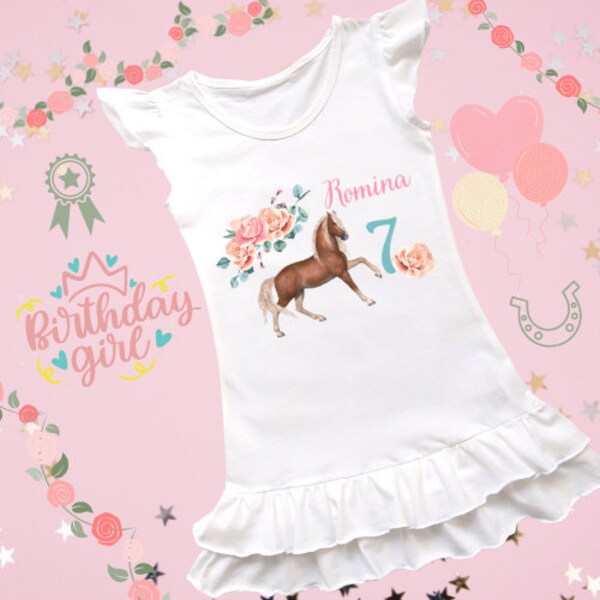 Geburtstagskleid mit  Pferde Applikation personalisiert, Volant Tunika Kleid mit Namen, Unicorn /Pferde/Blumen Aquarell Motiv