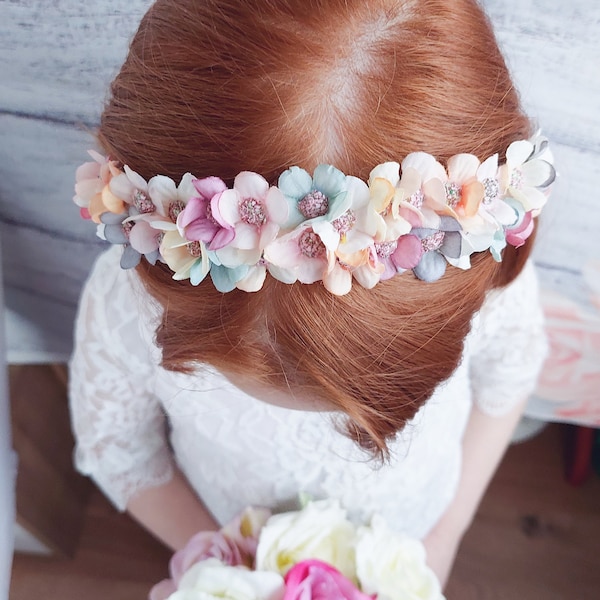 Blumenkrone für Mädchen,Blumenmädchen Kopfschmuck, Satin Haarreif mit pastellfarben Stoffblumen,Mädchen Haar Accessoires
