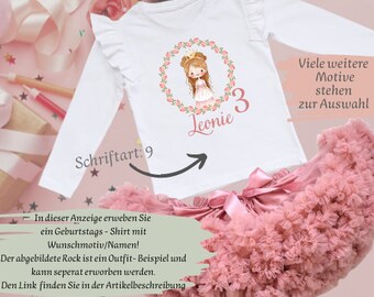 Mädchen Geburtstags Shirt, Langarm Shirt mit Name/Zahl & mit oder ohne Volant/Rüschen Ärmeln 3-6Jahre