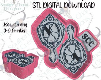 May include: A pink 3D printer mould for a hand mirror with a cracked glass design and the letters SCC. The text reads Freshie Housing, STL DIGITAL DOWNLOAD, Use with any 3-D Printer, and This is a digital download file and no physical item will be sent.