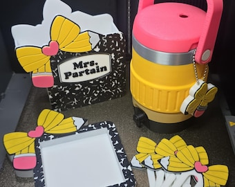 Teacher Desk Set, Pen Holder, Can Cooler/ Holder, Can Opener, Sticky Note Holder, Composition Notebook, Custom Teacher Name