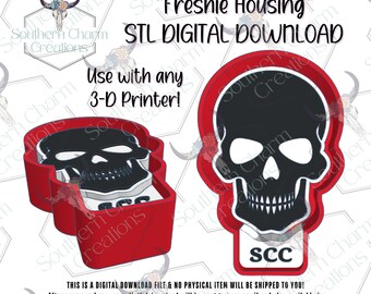May include: Digital download file with a red and black skull design. The image includes the text "Freshie Housing" and "STL DIGITAL DOWNLOAD". The design is for use with a 3-D printer. The text "SCC" is also visible.
