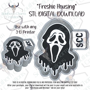 Puede incluir: Un archivo de descarga digital STL para impresora 3D de una carcasa Freshie con un diseño de máscara fantasmagórica con efecto de goteo y una pequeña pestaña rectangular etiquetada como SCC. El texto dice Freshie Housing, STL DIGITAL DOWNLOAD, Use with any 3-D Printer.