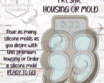 May include: A gray and beige Freshie housing or mold with the text "FRESHIE HOUSING OR MOLD" and "SCC". The image also includes the text "Pour as many silicone molds as you desire with this premium housing or Order a silicone mold READY TO GO!"