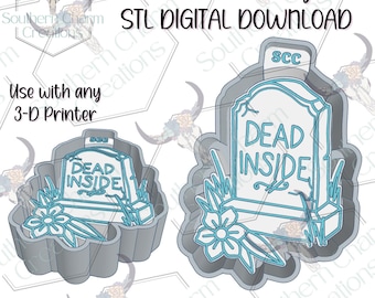 May include: A digital download file for a 3D printer featuring a tombstone-shaped freshie housing mould. The design includes the text 'DEAD INSIDE' and 'SCC' on the tombstone, surrounded by floral accents. The file is labelled 'Freshie Housing'.