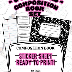 May include: A set of five PNG files featuring composition book designs. The image includes a sticker sheet with the text "Composition Book - Sticker Sheet - Ready to Print!" and the dimensions 9 1/2 x 7 1/4 inches / 24.7 x 19 cm. The design includes lined and marble-patterned pages.