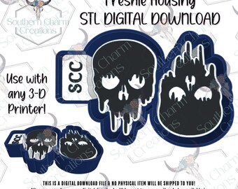 May include: Digital download file with skull designs for 3D printing. The designs include a skull with dripping details and a rectangular shape with the letters "SCC". The text "Freshie Housing" and "STL DIGITAL DOWNLOAD" are also visible.