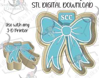 May include: Digital download of a bow-shaped cookie cutter design. The design features a light blue bow with a white outline, set against a tan background. The text "SCC" is visible on the top of the bow. The image also includes the text "Use with any 3-D Printer".