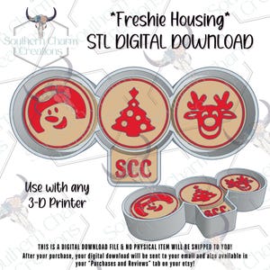 May include: Digital download for a 3D printer. The design features three circular molds with red Christmas-themed designs: a snowman, a Christmas tree, and a reindeer. The text reads "Freshie Housing" and "STL DIGITAL DOWNLOAD".