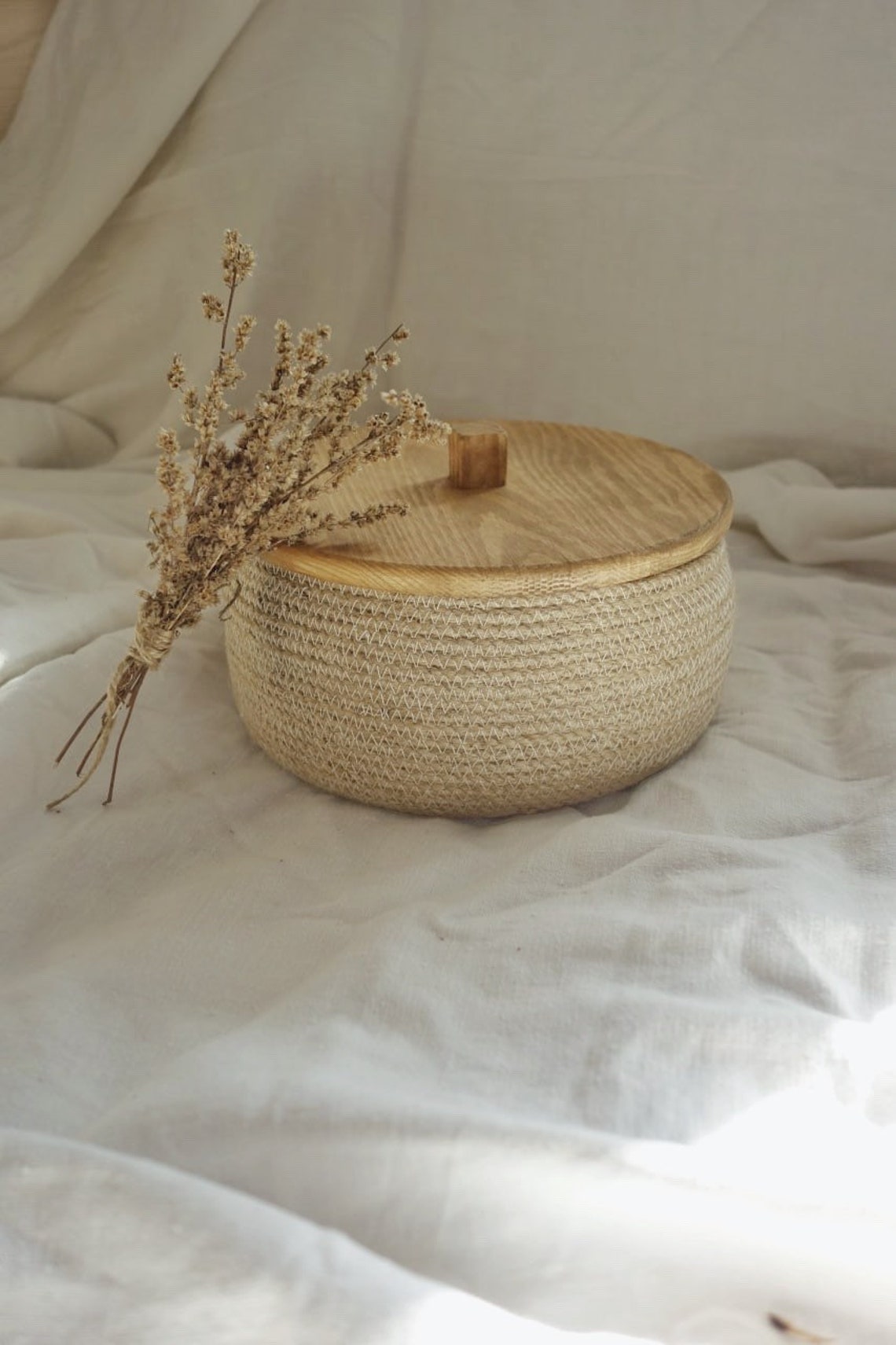Jute Basket With Lid Knitted Basket Basket With Wooden Lid Etsy