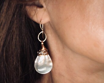 Teardrop mother of pearl drop earrings with gold