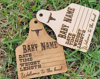 Cow tag birth stats, Baby cow tag, laser engraved cow tag baby announcement, customized baby birth Stat cow tag, nursery door hanger.