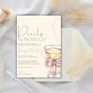 Pearls & Prosecco Bridal Shower Invitation - Personalized Wedding Shower Card - Editable Canva Template
