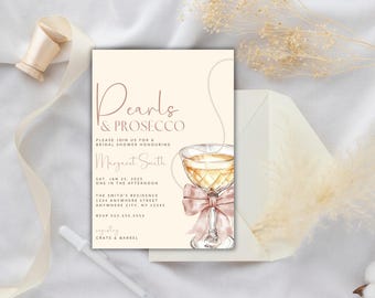 May include: A bridal shower invitation with a peach background and a gold and white illustration of a champagne flute with a pink bow. The text reads "Pearls & Prosecco" and "Please join us for a bridal shower honouring Margaret Smith".