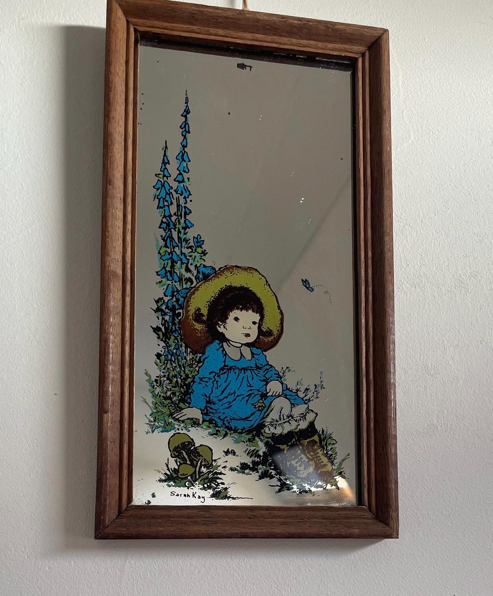Cadre Miroir Vintage Années 70 Holly Hobbie - Cadre En Bois Bleu Ciel - Occasion Déco Rétro