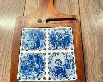 Vintage Blue and White Dutch  Tile Cutting Board: Small Wooden Decorative Board