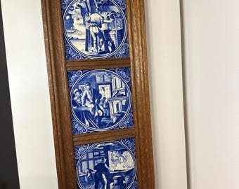 Vintage Dutch ceramic| Utrecht Blue  White tiles in a wooden frame
