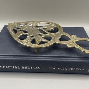 Unique Vintage Brass Bird in Heart Shaped Footed Trivet Vintage Decor
