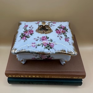 Vintage Moss Rose Porcelain Trinket Box: Gold Gilt Floral Design
