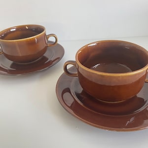 Vintage Colditz  Set of Two Soup Cups,Brown Soup Bowls with  Saucers, Brown Glaze 1970’s