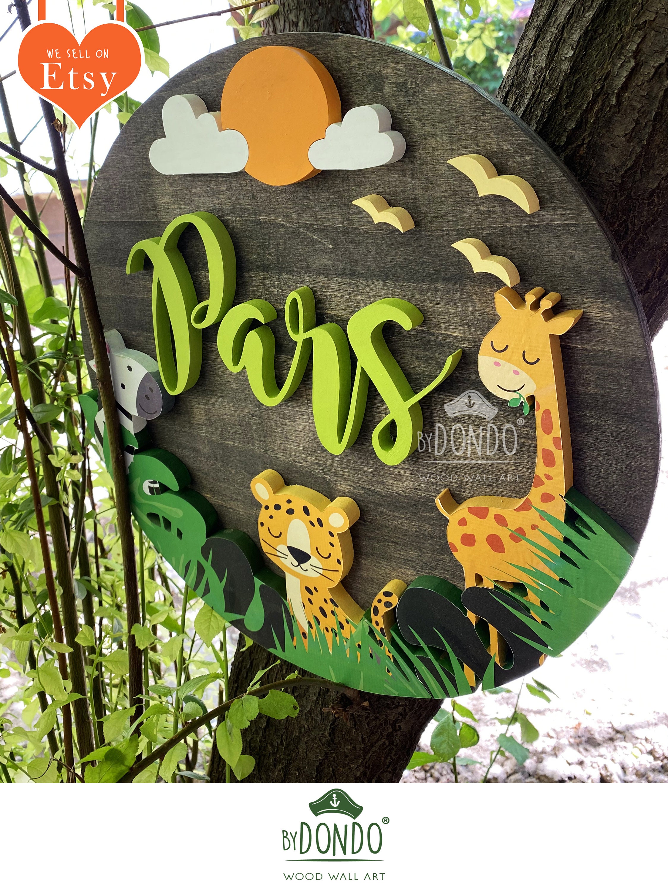 Safari Round Custom Name Sign Safari Animals Kids Room Etsy