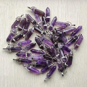 24pcs/lot natural amethyst stone high quality healing point crystal pillar pendants for jewelry making