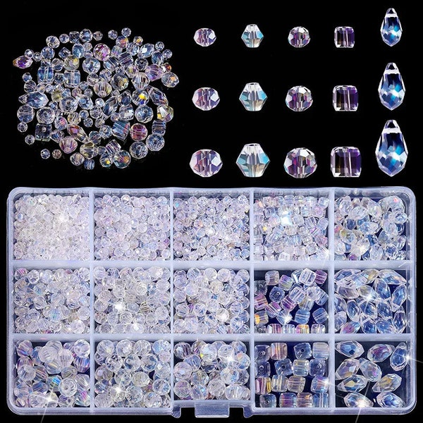 Assortiment de perles de verre, 5 formes de perles de bijouterie en vrac avec boîte pour collier bricolage, bracelet, boucle d'oreille (4/6/8 mm, couleur ab)