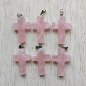 6pcs/lot natural rose quartz pink cross shape pendants for jewelry accessories making wholesale