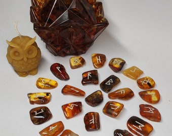 Set of Elder Futhark runes ,box made of amber and epoxy resin and wax owl candle