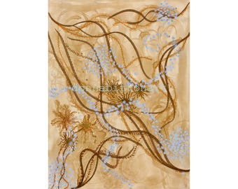May include: Abstract painting with brown and blue brushstrokes on a beige background. The painting features a swirling pattern of lines and dots.
