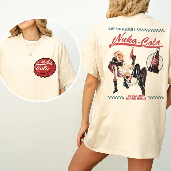 Fallout Graphic T-Shirt, Retro Nuka Cola Bottle Cap with Vintage Ad on Back, Video Game Shirt, Fall Out Vault Tec Memorabilia Merch Tee