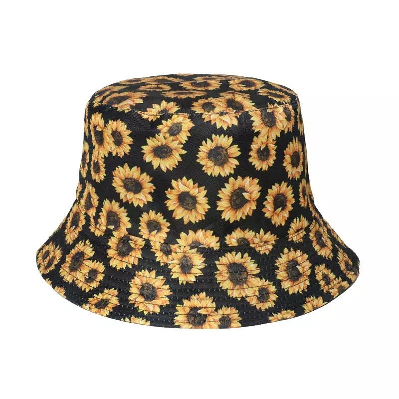 Black Sun Flowers Bucket Hat Unisex One Size, Flower Bucket Hat, Fisherman, Reversible Bucket Hat