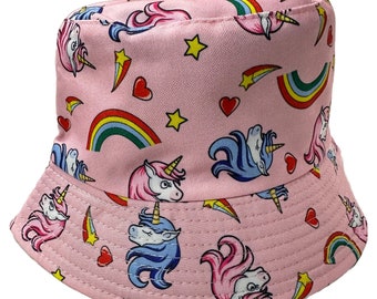 Pink Rainbow Unicorn Cute Reversible Cotton Bucket Hat Cap Womens Ladies One Size