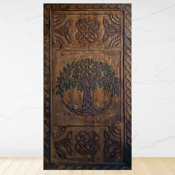 Hand-Carved Tree of Life on Reclaimed Wood Barn Door | Custom Sliding Door | Rustic Design with Acrylic Hand Painting Carved Door