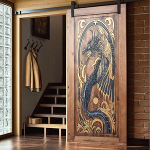Hand-Carved Wooden Dragon Door – Fantasy Barn Door with Mythical Beast Motifs, Majestic Dragon Wood Door, Craftsmanship Engraving Door