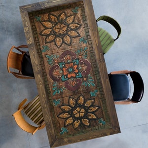 Floral Rustic Decorative Table, Floral Handpainted Wooden Table, Craftsman Table Design, Solid Wood Table Farmhouse Wooden Table