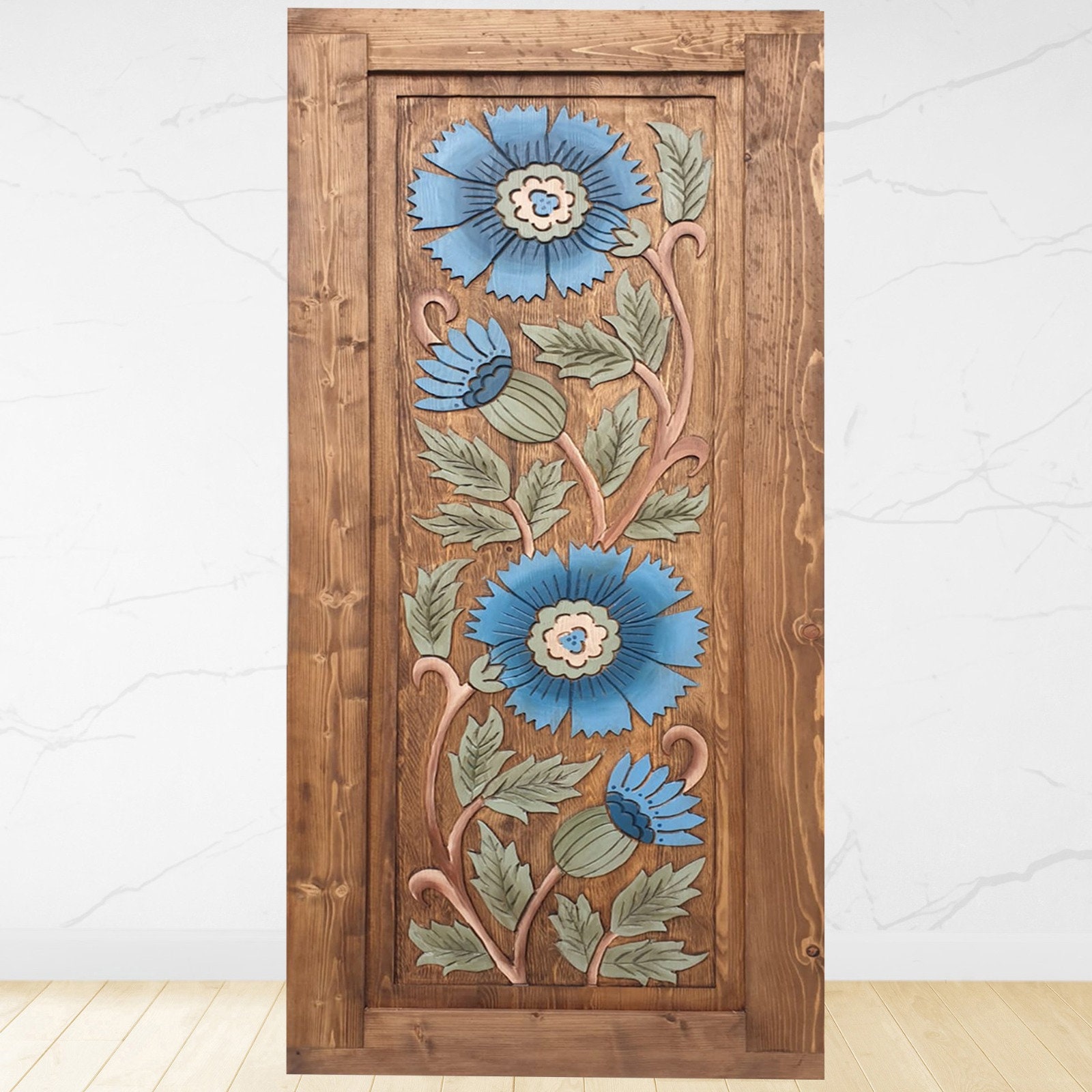Floral Design Custom Size Barn Door, Hand Carved Etraance Front Door, Custom Made Wooden Door, Craftsman Double Door, Entry Front Door