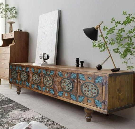 Hand Carved Wood TV Console: Rustic Farmhouse Media Cabinet - Etsy