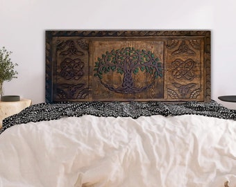 Life of Tree Headboard, Hand Carved Wood Bed Headboard, King, Queen Size Bed Headboards, Original Design Wooden Boho Bed Room,
