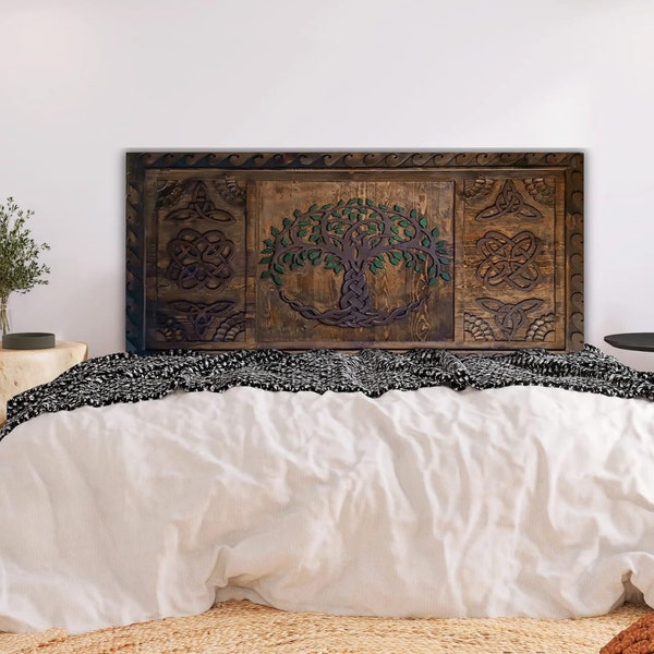Cabecero de árbol de la vida de madera tallada a mano: dormitorio bohemio tamaño king o queen