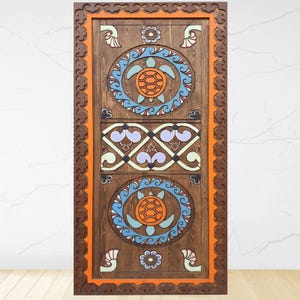Wooden Turtle Design Barn Door,  Craftsman Exterior Entry Front Door, Antique Barn Door, Cabin Entrance,  Rustic Decorative Carved Doors