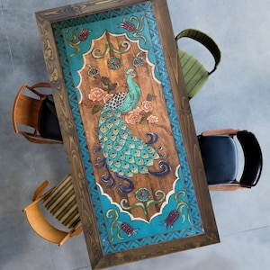 Peacock Design Hand-Carved Custom Table, Floral Wood Table, Unique Acrylic Handpainted Table,  Custom Made Table, Farmhouse Dining Table