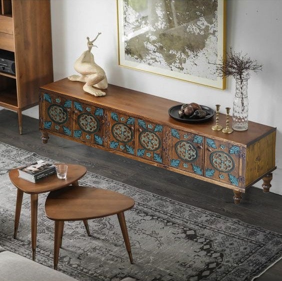 Hand Carved Wood TV Console: Rustic Farmhouse Media Cabinet - Etsy