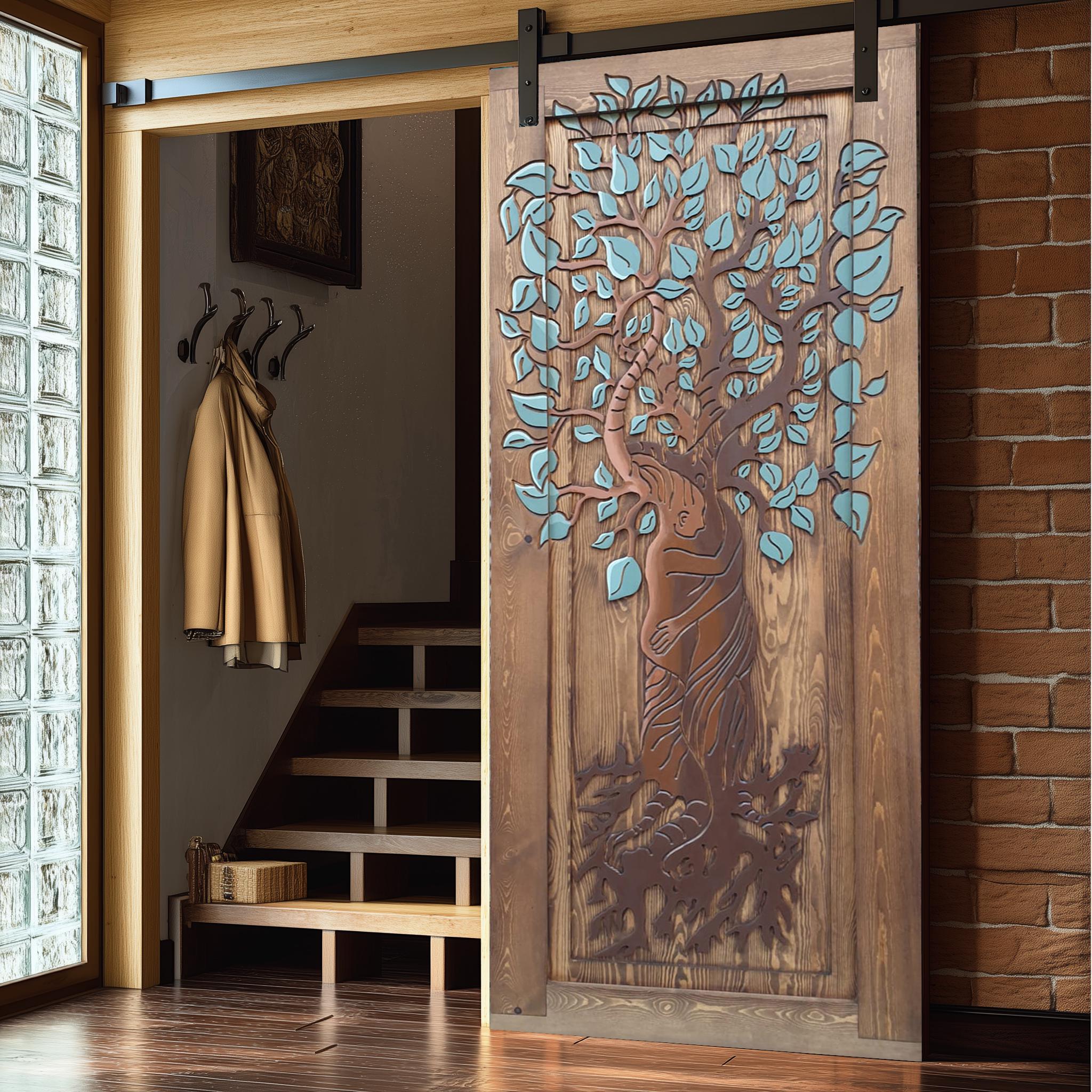 Tree of Life Couple Wooden Door, Hand Carved Lovers Design