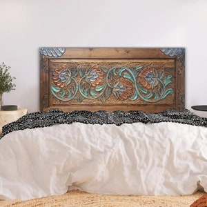 Relief Hand Carved Headboard,  Relief Decoration, Classic Style Floral Barn Headboard, Solid Wood Craftsman Art Bed Headboard