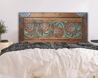 Relief Hand Carved Headboard,  Relief Decoration, Classic Style Floral Barn Headboard, Solid Wood Craftsman Art Bed Headboard
