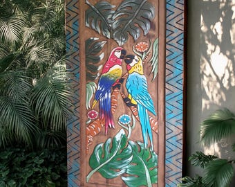 Parrot Carved Farmhouse Wood Door, Entrance Front Door, Custom Made to Order Door, Barn Door or Exterior Front Door, Sliding Wood Door