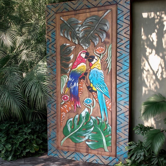Colorful Parrot Wooden Door, Hand Carved Tropical Bird Barn Door