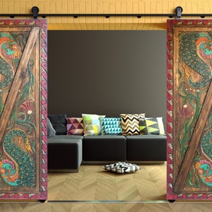 Peacock Wood Door, Handcarved Colorful Door, Solid Wood Doors, Single Sliding Door, Vintage Panel, Unique Barn Door, Farmhouse Gate,