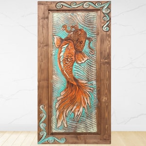 Hand Carved Fish Door, Solid Wood Entrance, Fish Design Acrylic Painted Door, Craftsman Door, Japanese Fish Antique Hand Carved Door,